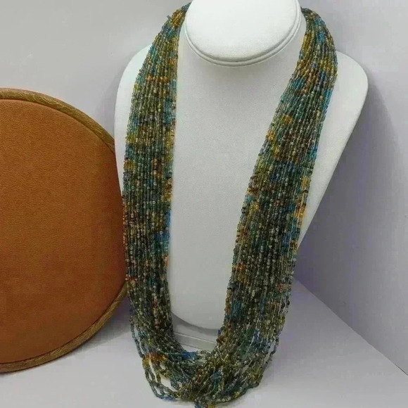 Blue, Brown & Gold Seed Bead Multi-Strand Necklace 26” + extender 25 strands euc - Picture 2 of 5